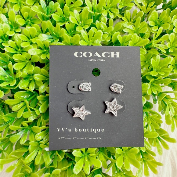 NWT Coach Signature And Pave Star Stud Earrings Set of 2 Silver C7778 RARE - Picture 1 of 3